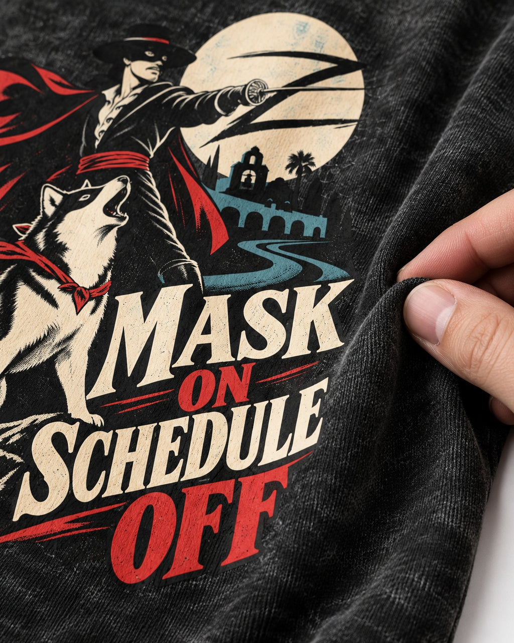 Husky Mask On Schedule Off Masked Swordsman Graphic Washed Tee in Black, close-up of the graphic