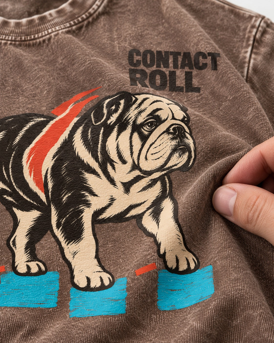Contact Roll English Bulldog Washed Tee in Coffee, close-up of the graphic