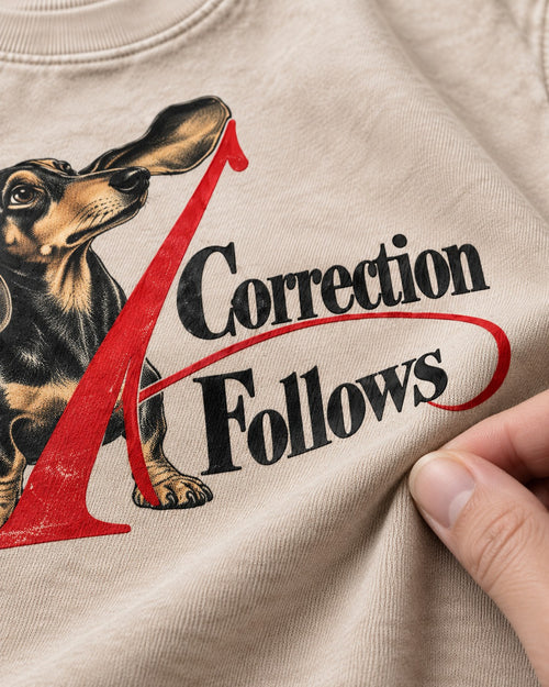 A Dachshund Correction Follows Washed Tee in Apricot, close-up of the graphic