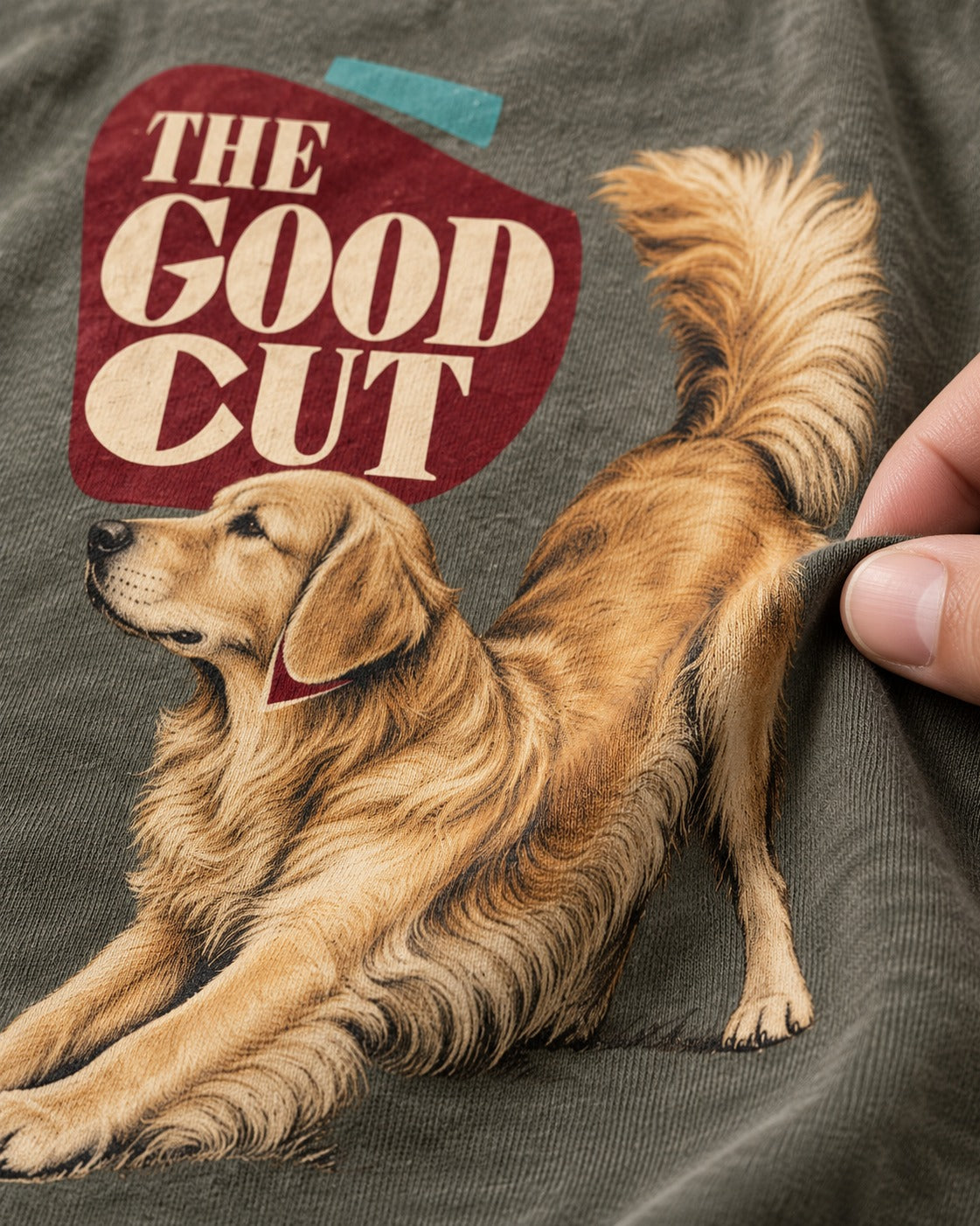 Golden Retriever The Good Cut Play Bow Graphic Washed Tee in Army Green, close-up of the graphic