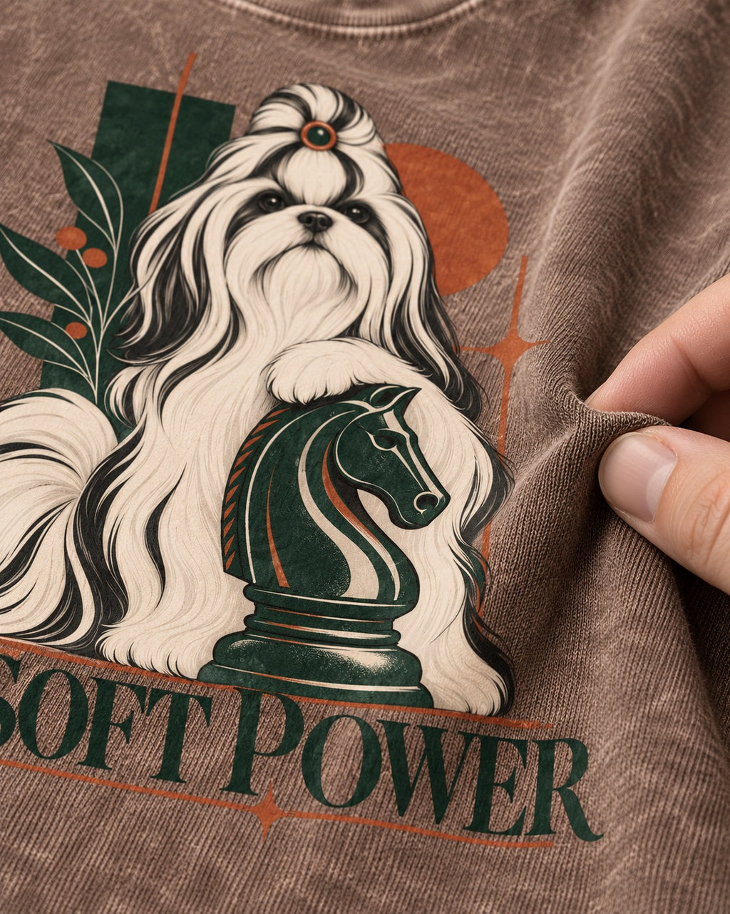 Soft Power Shih Tzu Washed Tee in Coffee, close-up of the graphic