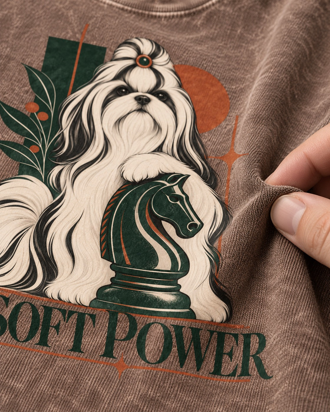 Soft Power Shih Tzu Washed Tee in Coffee, close-up of the graphic
