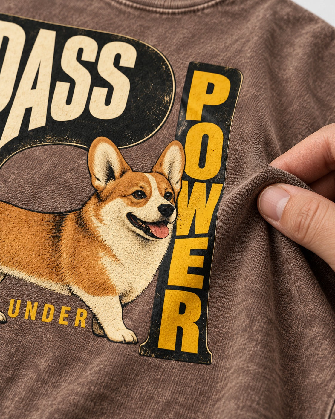 Corgi Power Washed Tee in Coffee, close-up of the graphic