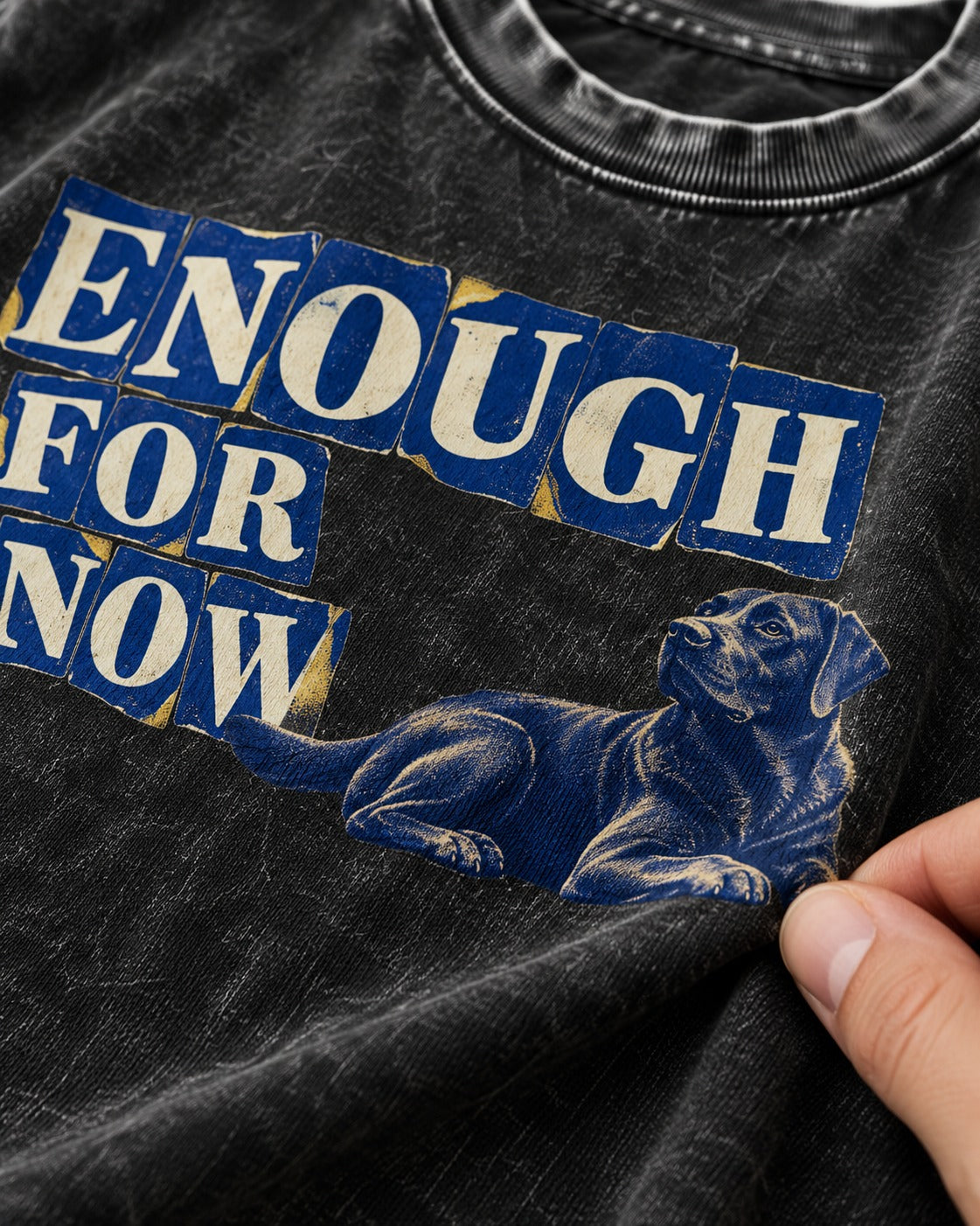 Labrador Retriever Enough for Now Reclining Graphic Washed Tee in Black, close-up of the graphic