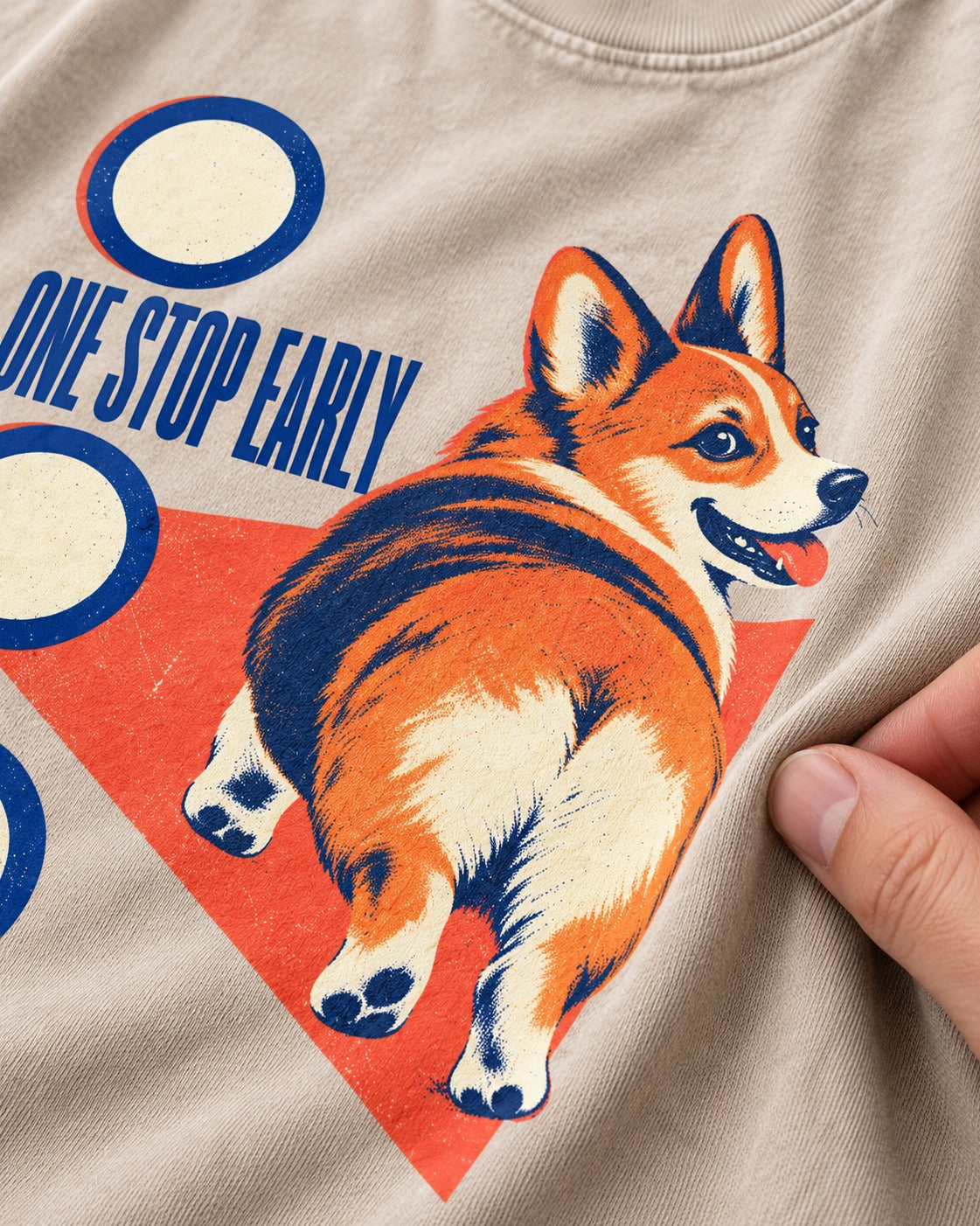One Stop Early Corgi Washed Tee in Apricot, close-up of the graphic