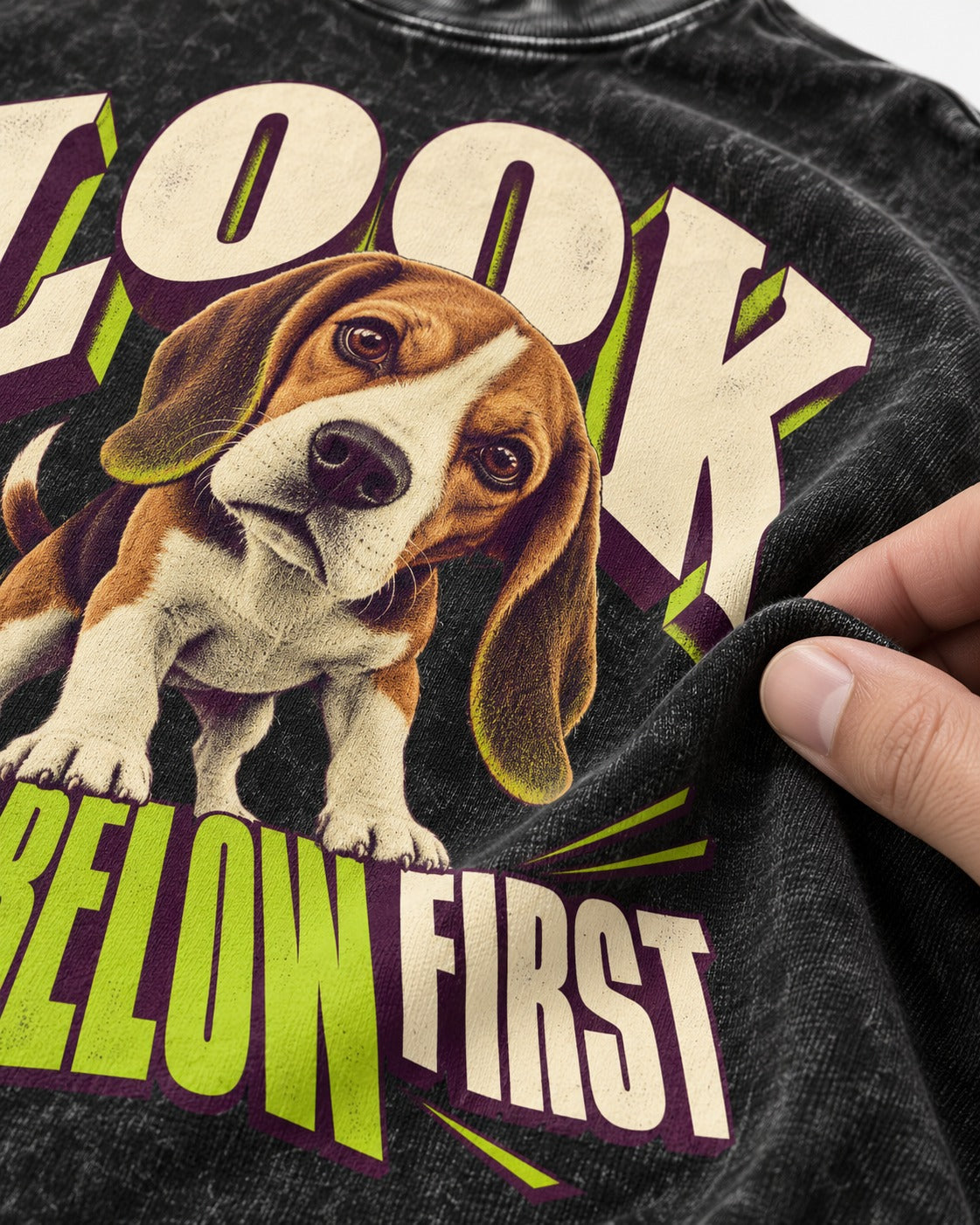 Beagle Look Low Below First Washed Tee in Black, close-up of the graphic