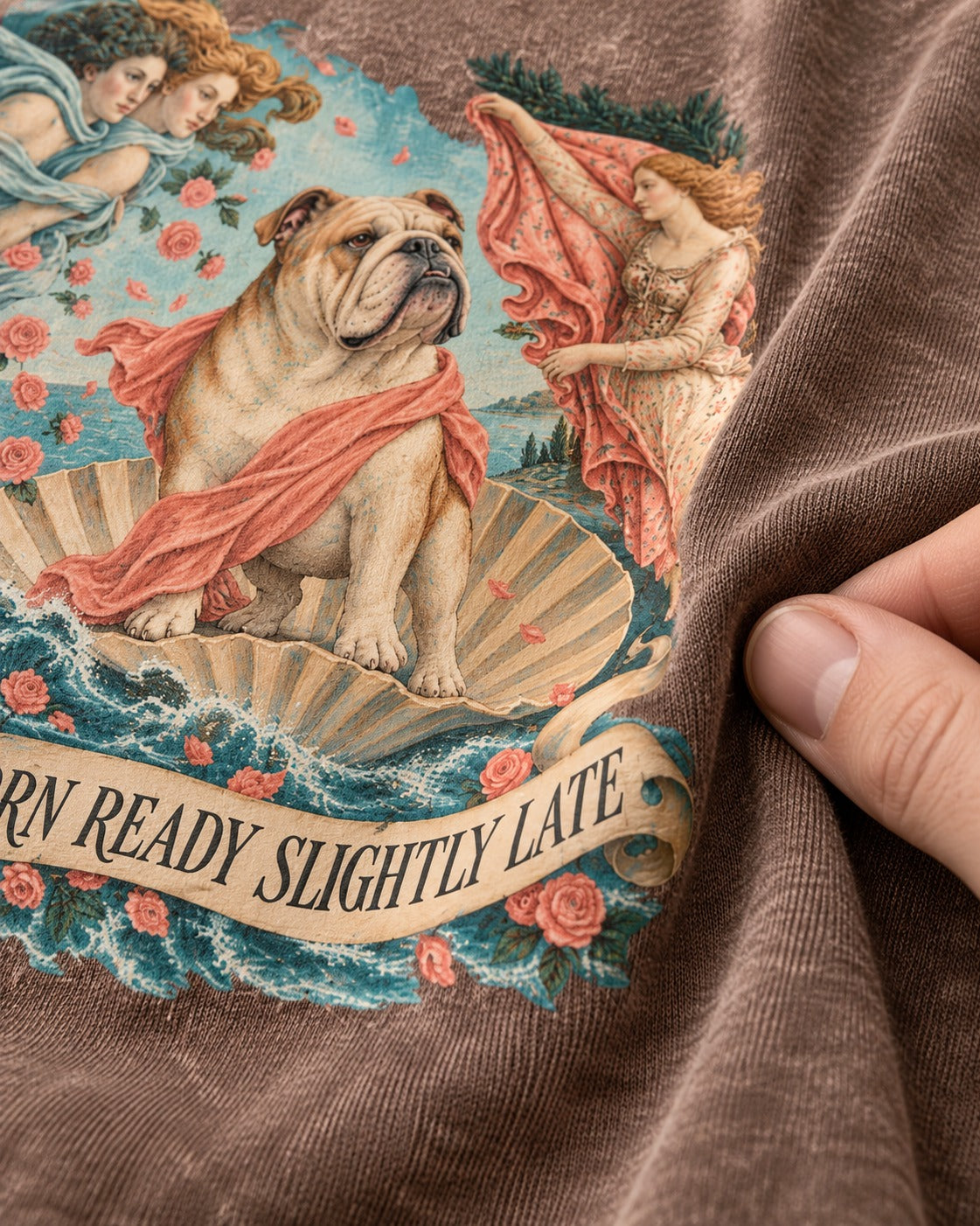 Born Ready Slightly Late English Bulldog Washed Tee in Coffee, close-up of the graphic