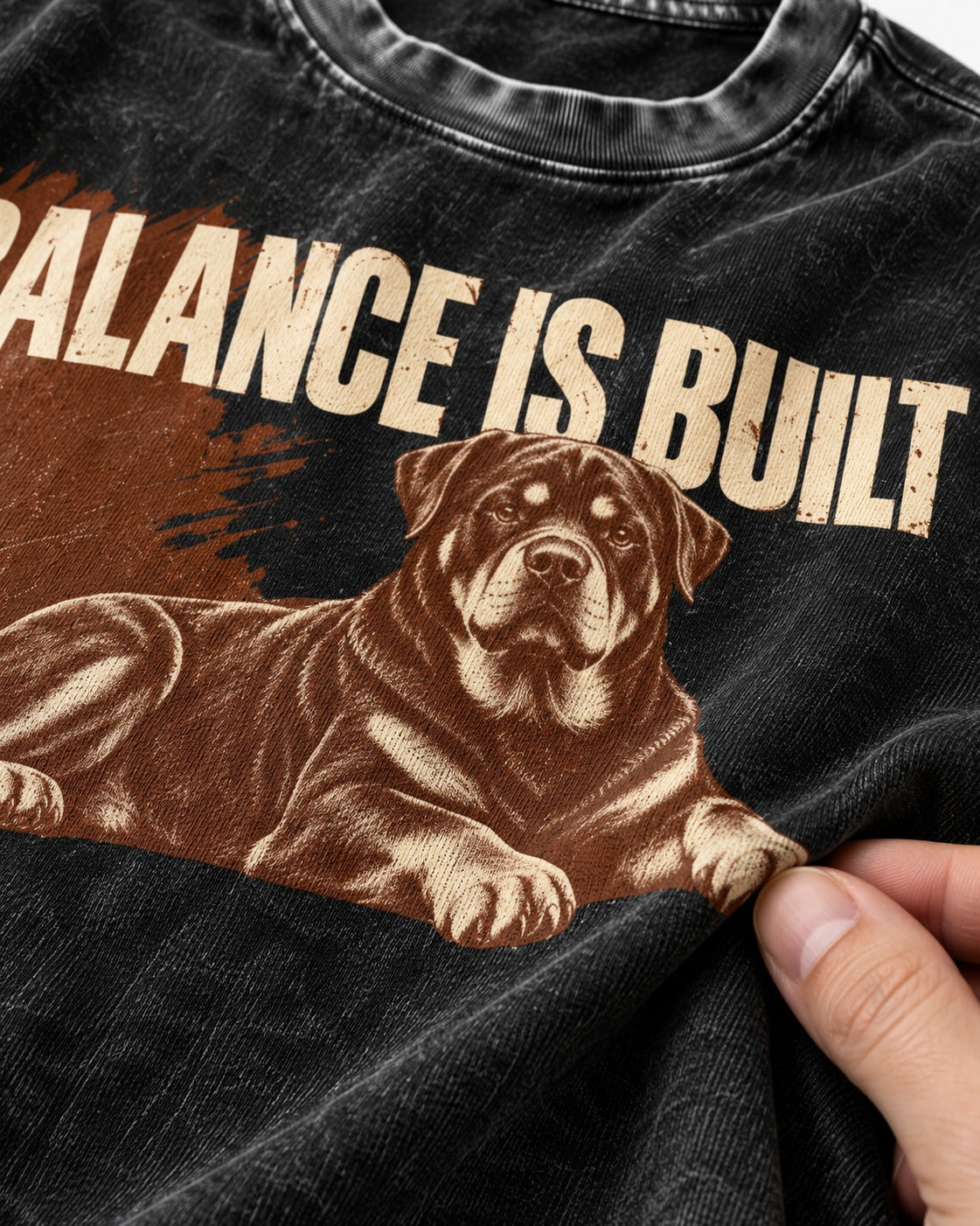 Rottweiler Balance Is Built Resting Strength Graphic Washed Tee in Black, close-up of the graphic