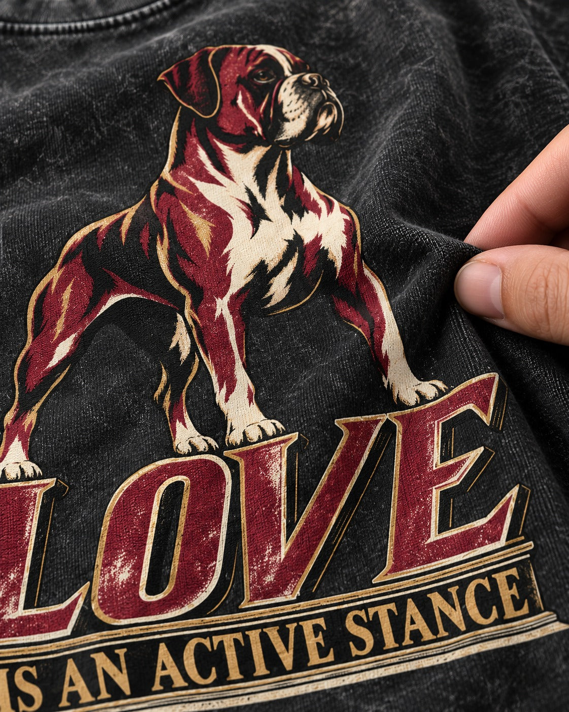 Love Is an Active Stance Boxer Pedestal Graphic Washed Tee in Black, close-up of the graphic