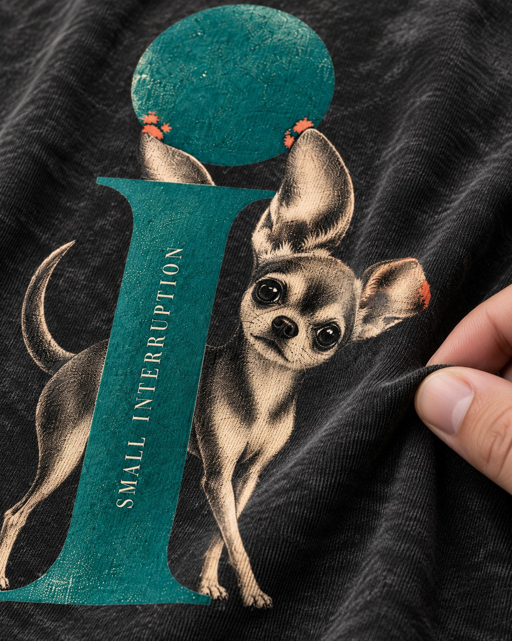 Chihuahua Small Interruption Geometric Portrait Washed Tee in Black, close-up of the graphic