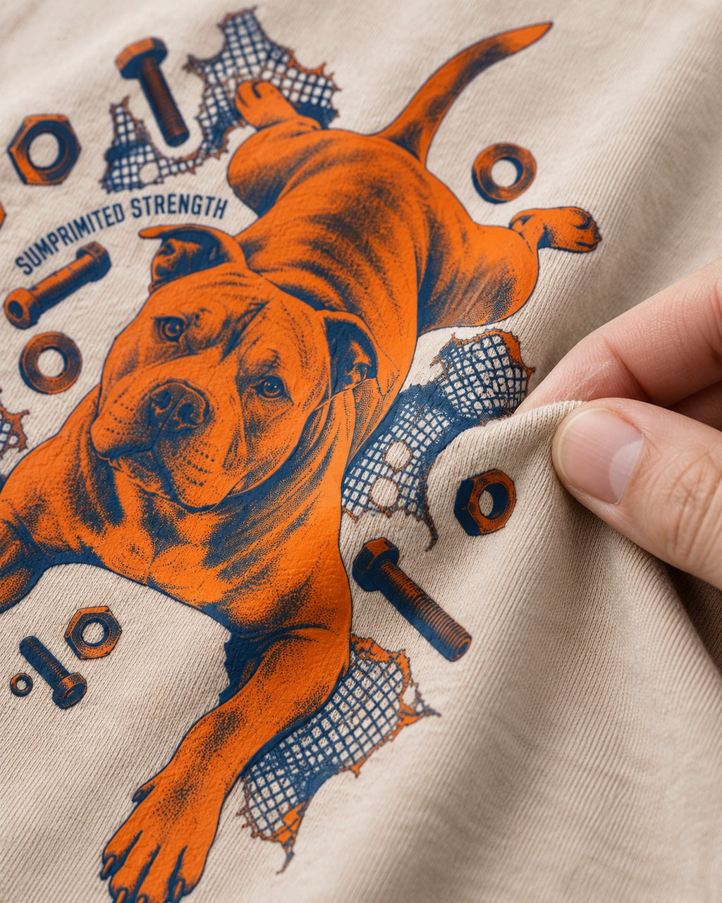 Pitbull Strength Washed Tee in Apricot, close-up of the graphic
