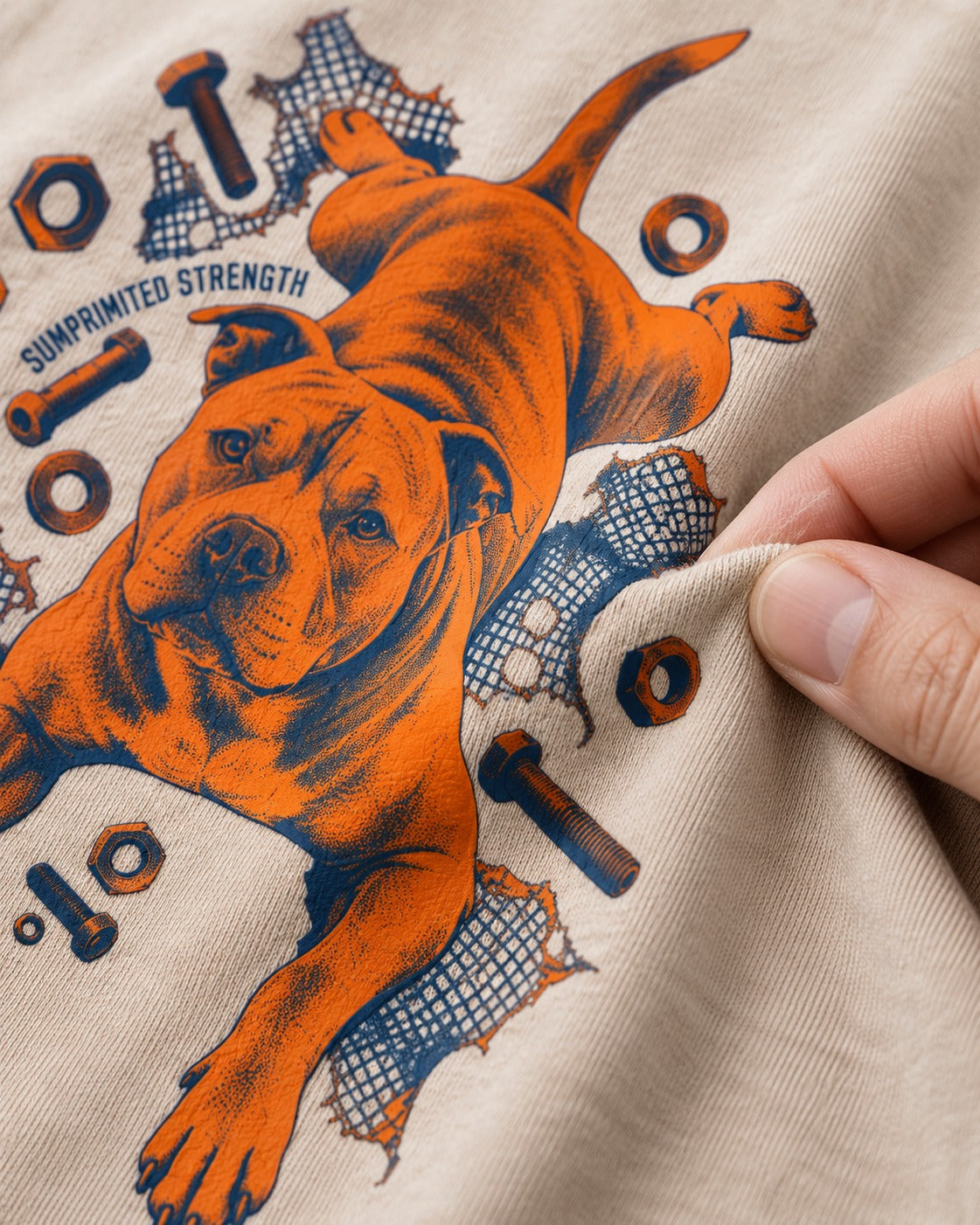 Pitbull Strength Washed Tee in Apricot, close-up of the graphic