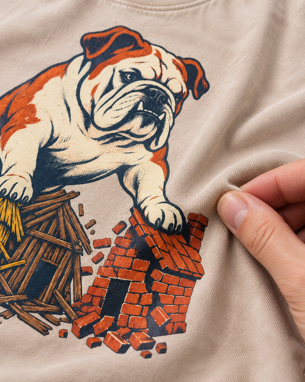 English Bulldog Huff and Puff Washed Tee in Apricot, close-up of the graphic