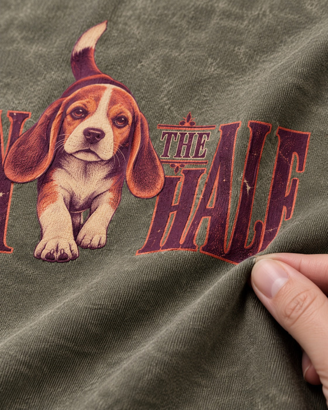 Beagle Join The Half Washed Tee in Army Green, close-up of the graphic