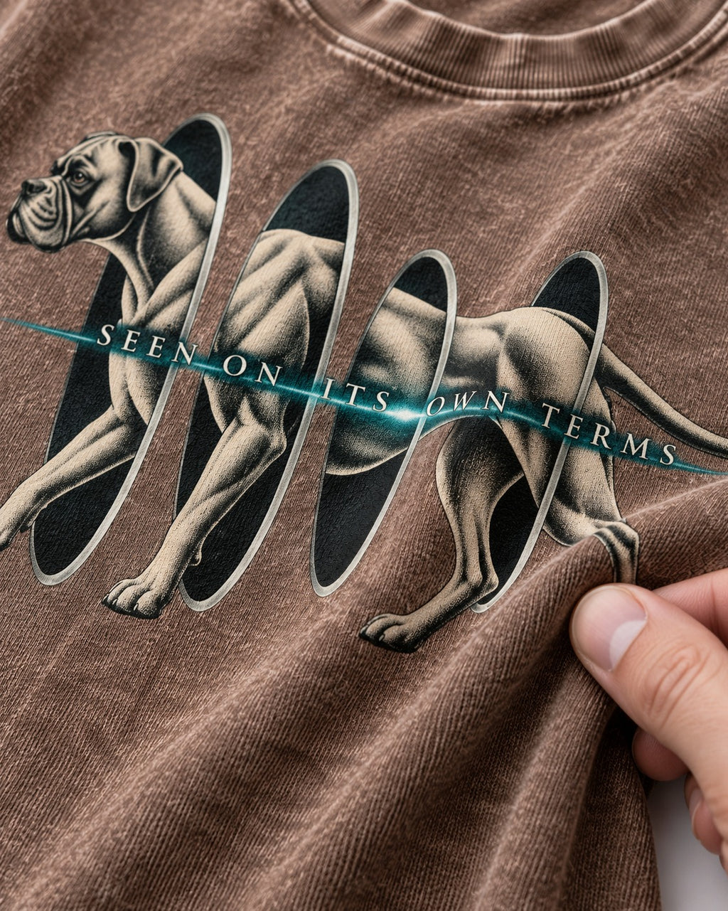 Boxer On Its Own Terms Washed Tee in Coffee, close-up of the graphic