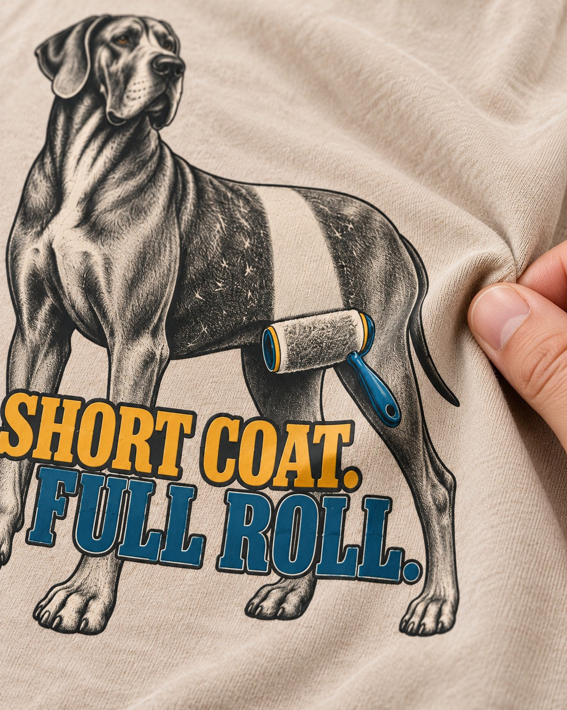 Short Coat Full Roll Great Dane Washed Tee in Apricot, close-up of the graphic