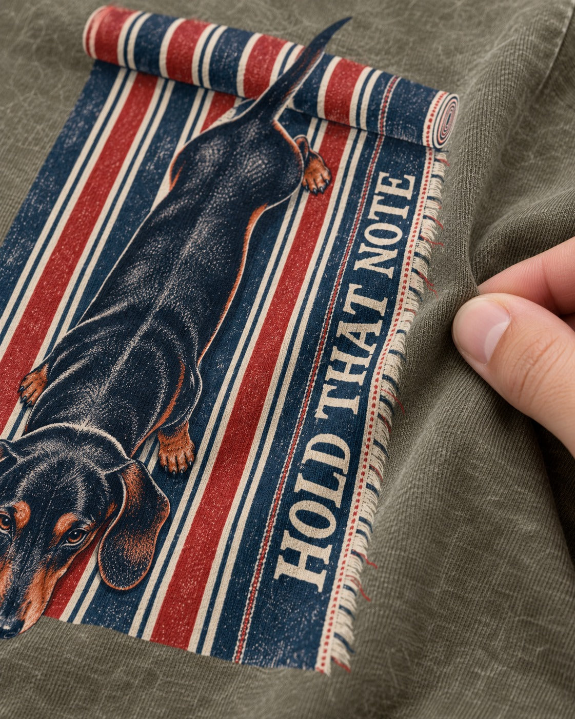 Dachshund Hold That Note Striped Rug Graphic Washed Tee in Army Green, close-up of the graphic