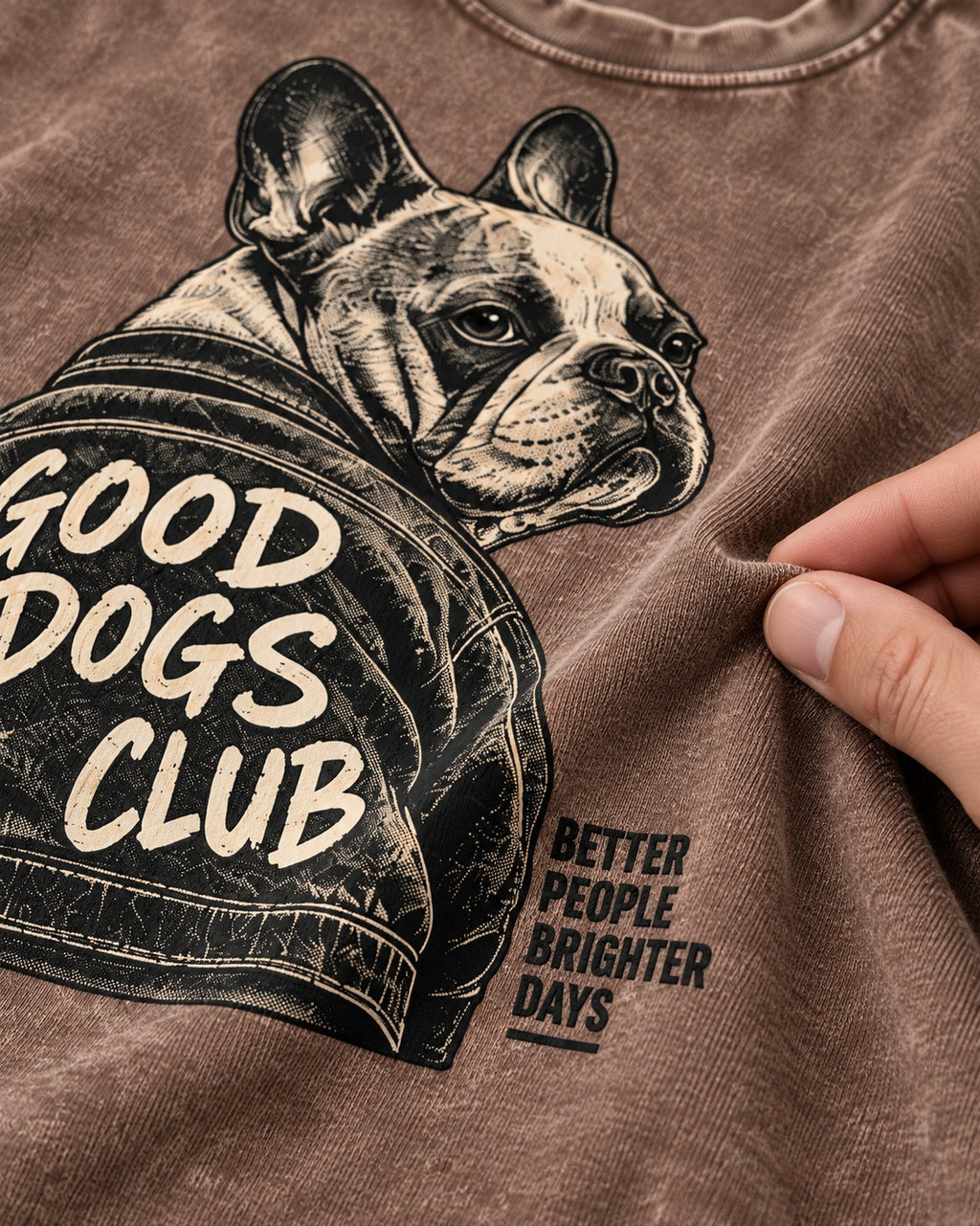 Good Frenchie Club Washed Tee in Coffee, close-up of the graphic