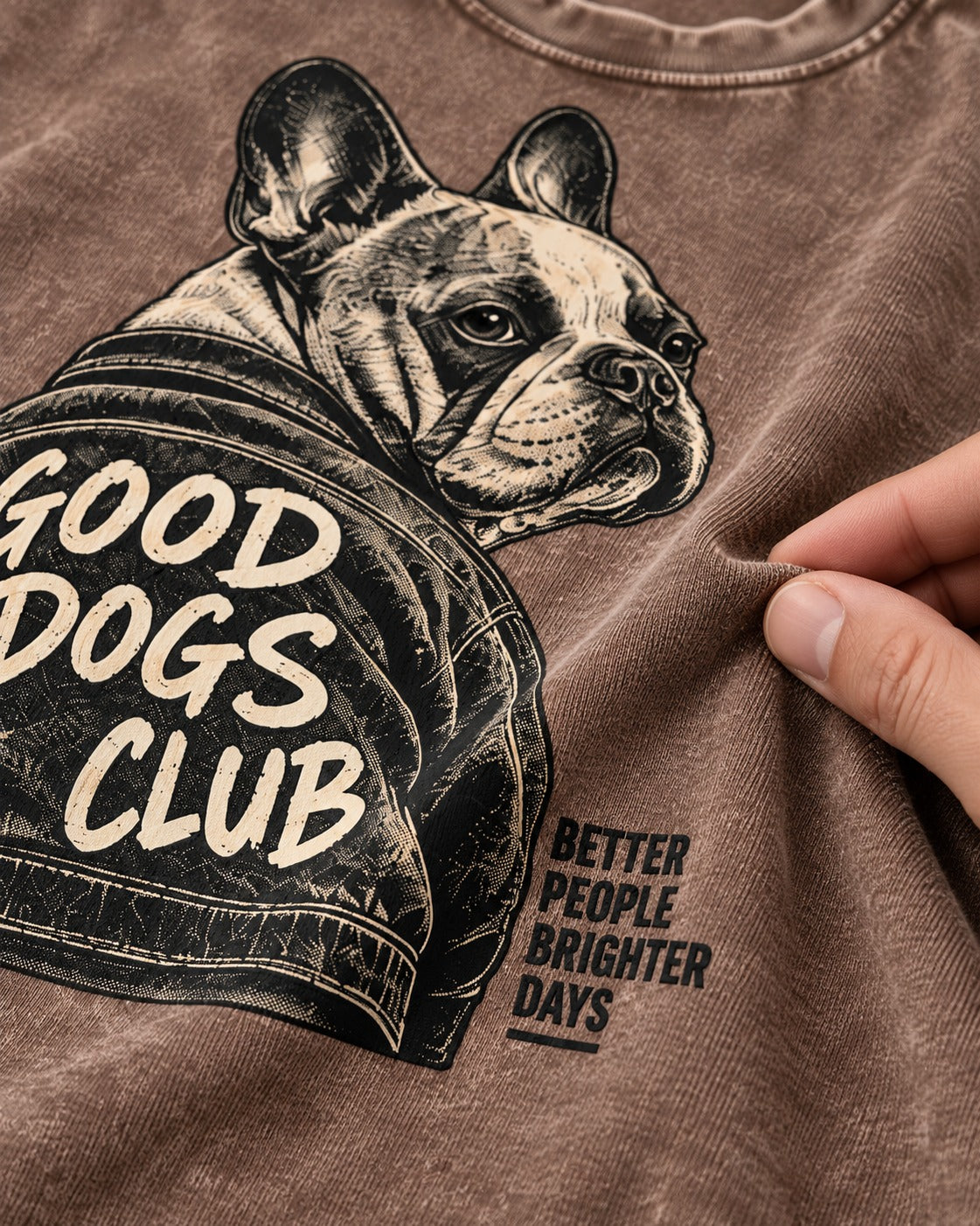 Good Frenchie Club Washed Tee in Coffee, close-up of the graphic