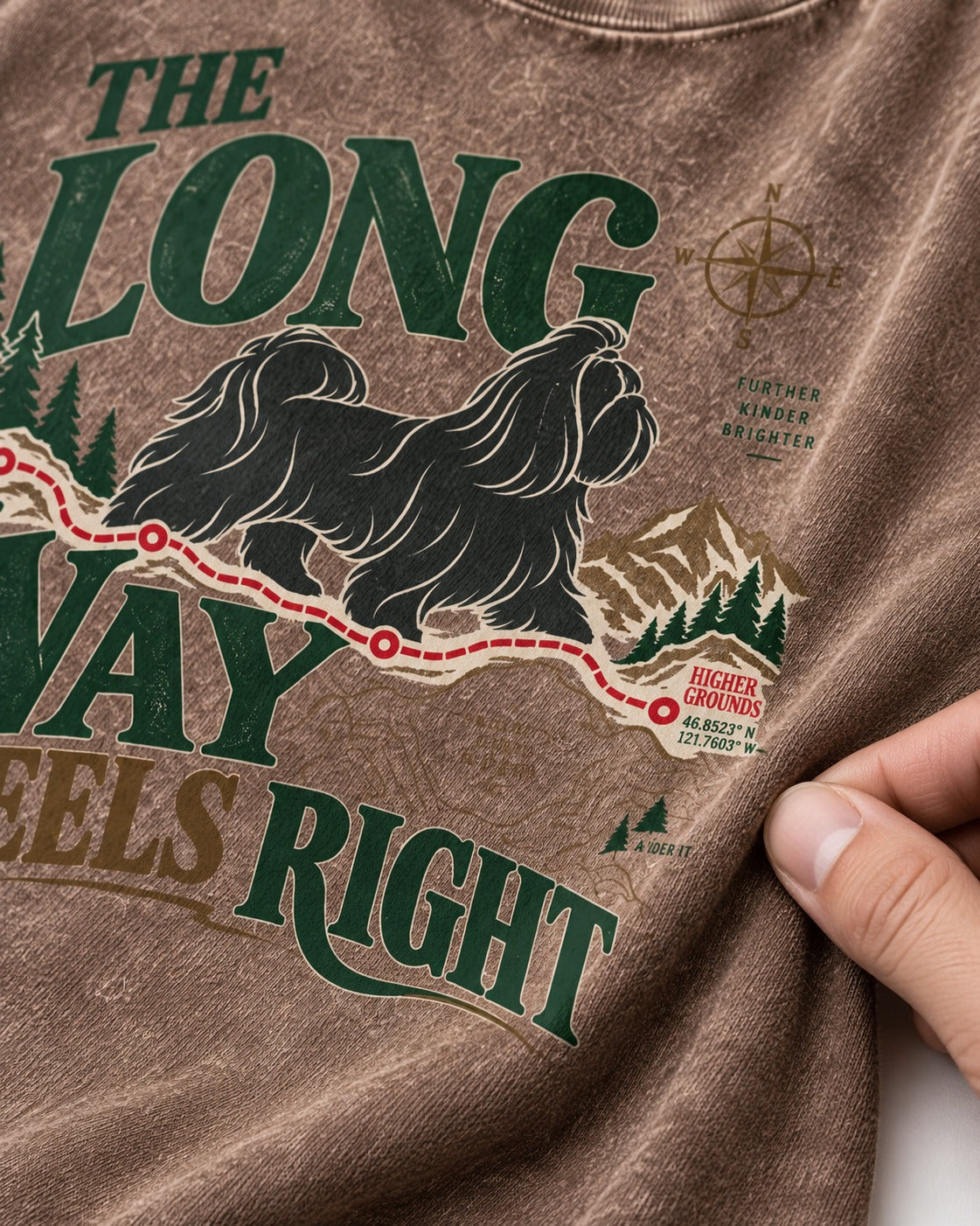 Shih Tzu Takes the Long Way Washed Tee in Coffee, close-up of the graphic