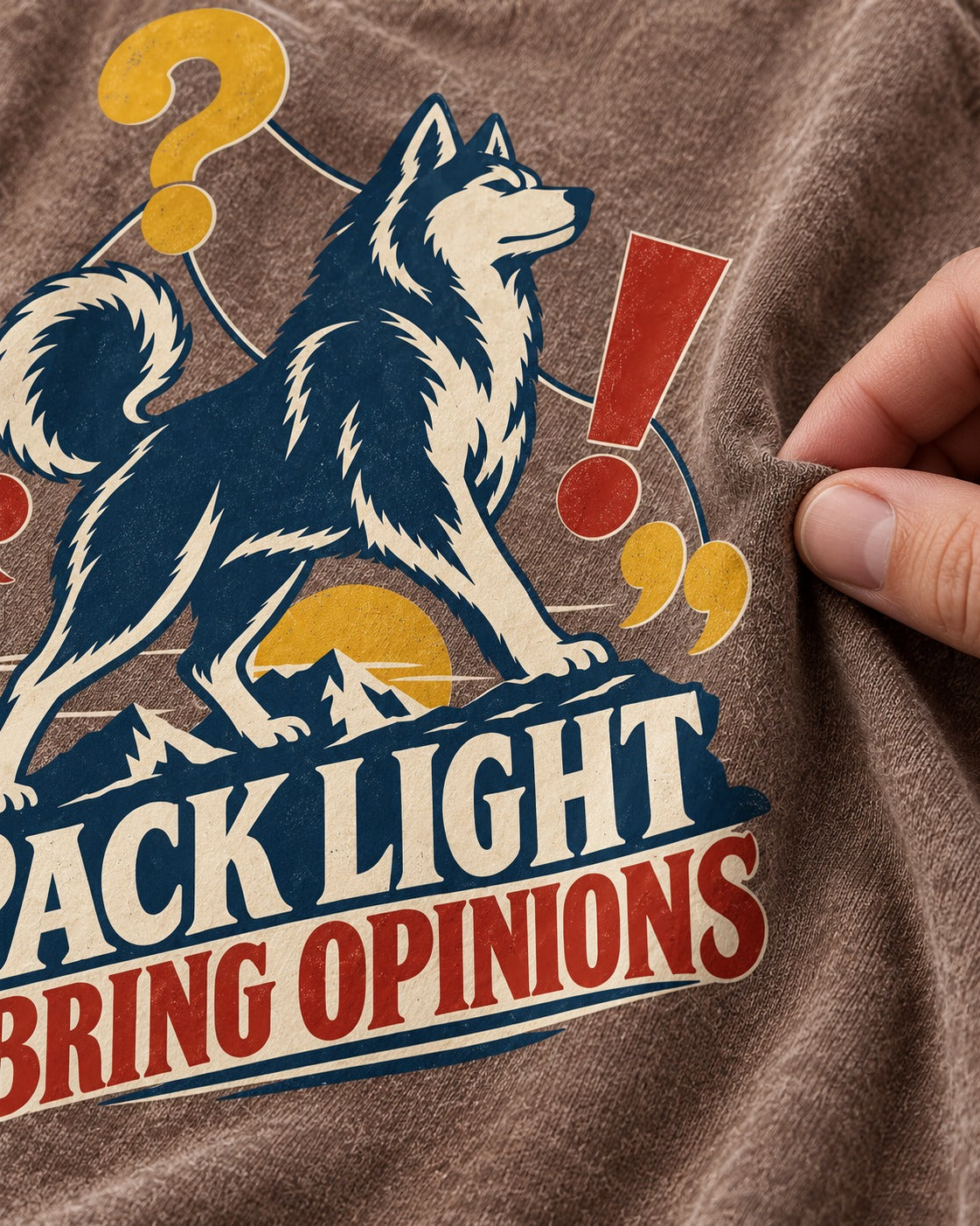 Husky Pack Light Bring Opinions Washed Tee in Coffee, close-up of the graphic