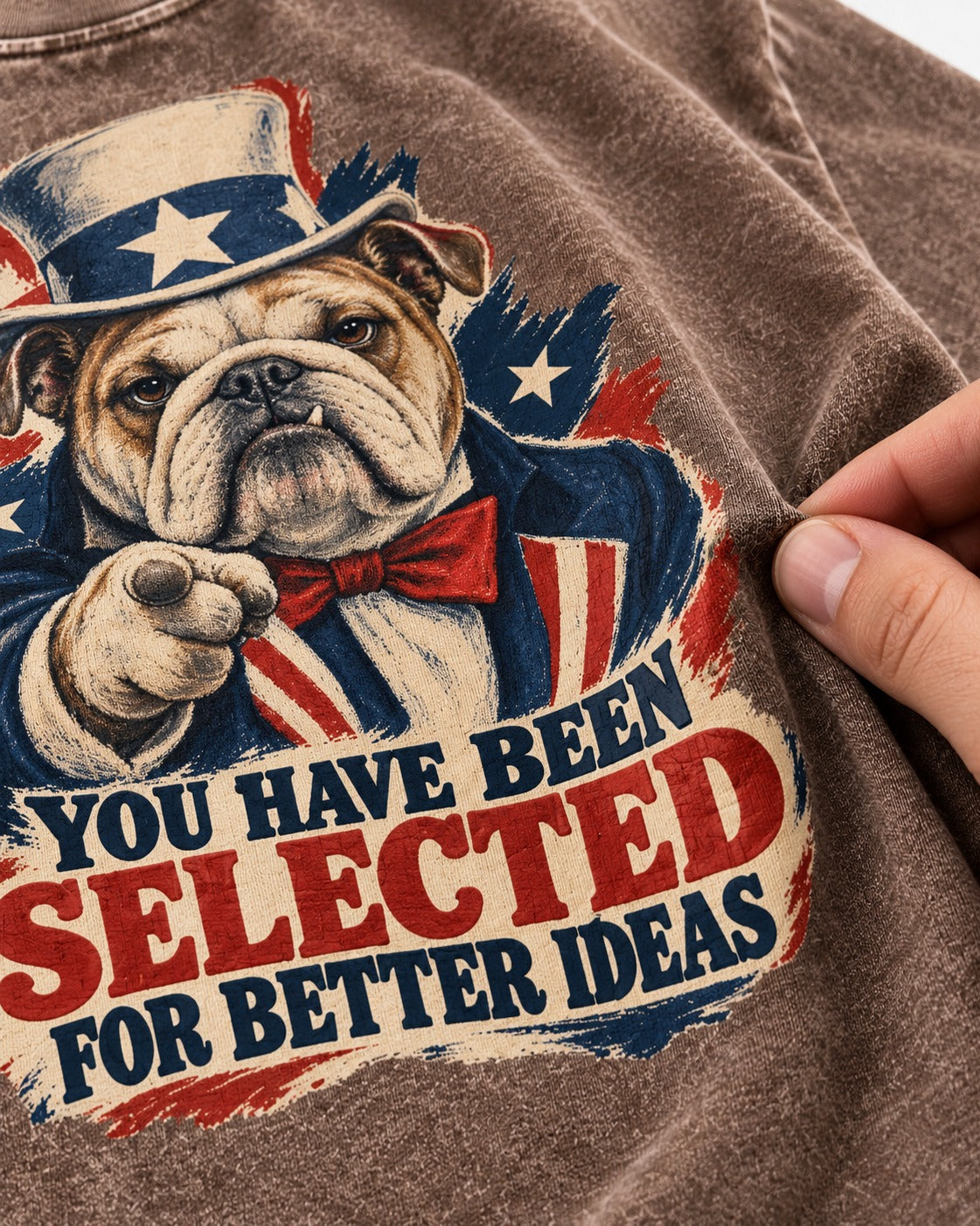 English Bulldog Selected for Better Ideas Washed Tee in Coffee, close-up of the graphic