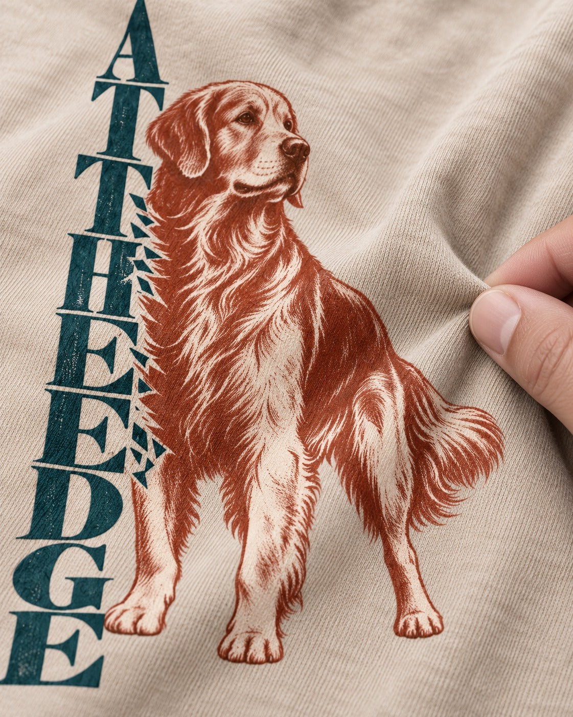 Golden Retriever At the Edge Washed Tee in Apricot, close-up of the graphic