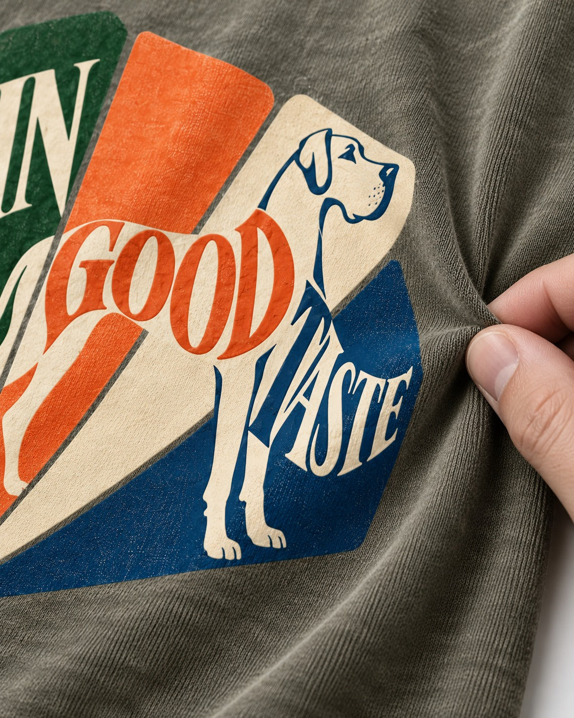 Great Dane In Good Taste Color Fan Graphic Washed Tee in Army Green, close-up of the graphic