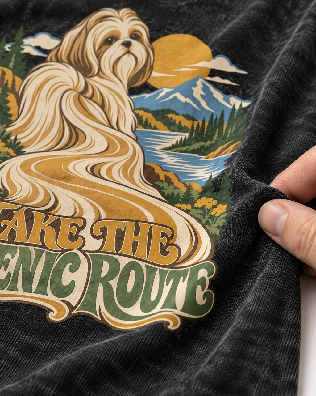 Shih Tzu Take the Scenic Route Mountain Vista Graphic Washed Tee in Black, close-up of the graphic