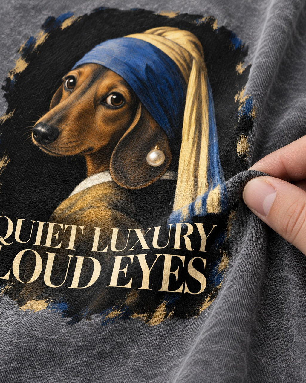 Dachshund Quiet Luxury Loud Eyes Pearl Portrait Graphic Washed Tee in Gray, close-up of the graphic