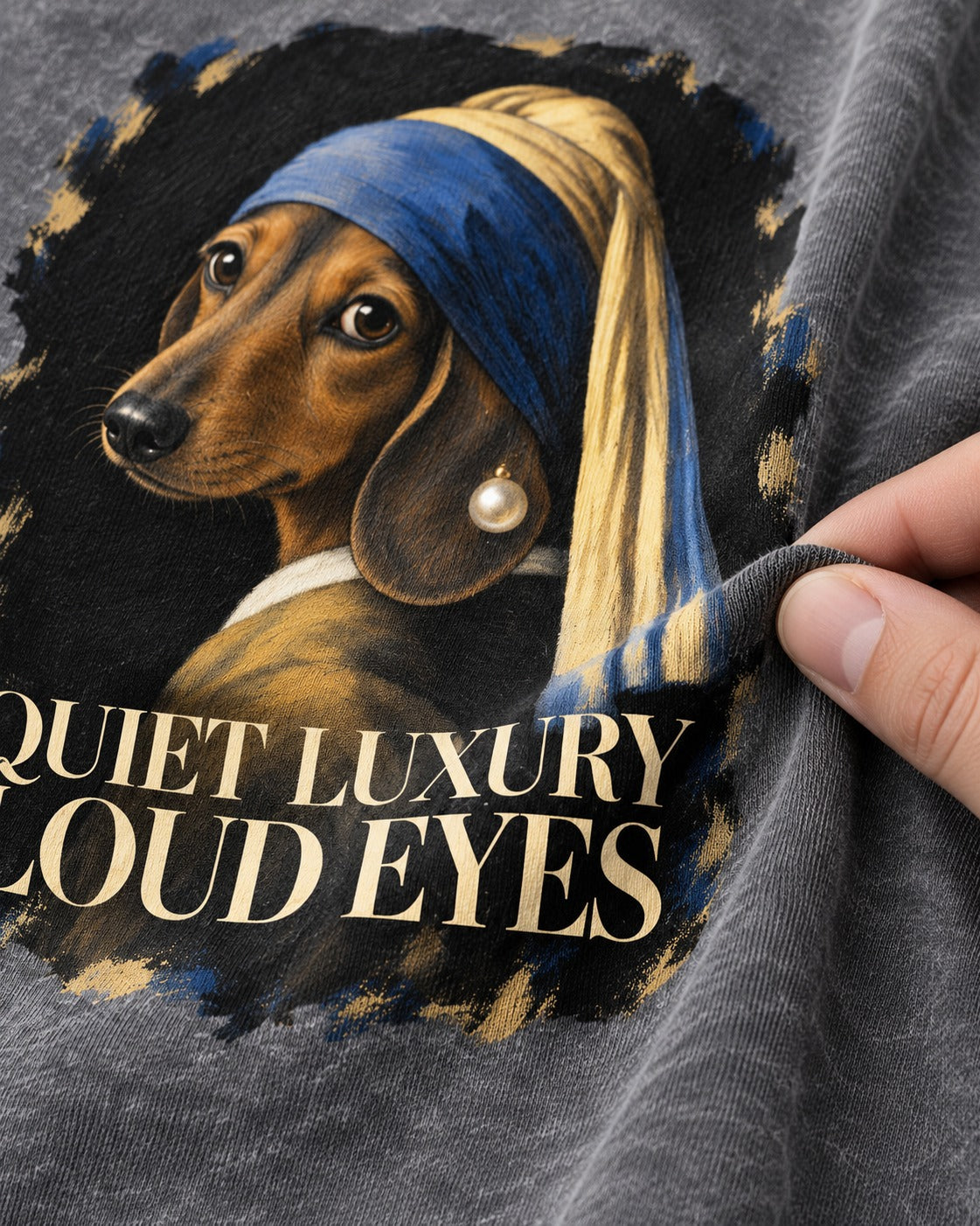 Dachshund Quiet Luxury Loud Eyes Pearl Portrait Graphic Washed Tee in Gray, close-up of the graphic