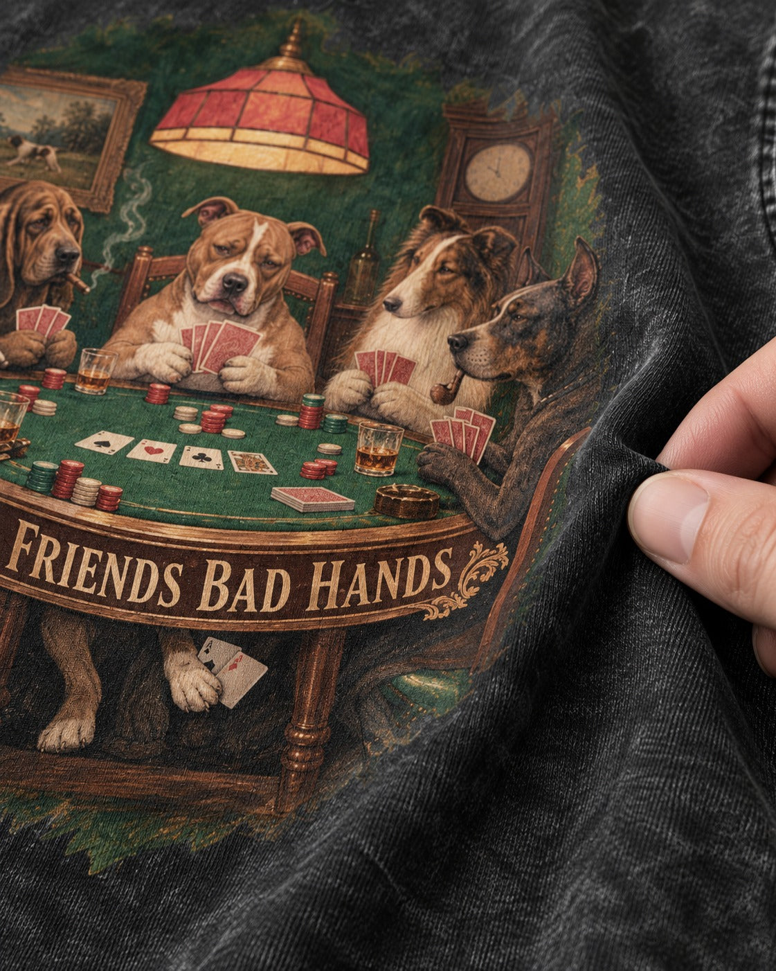 Pitbull Good Friends Bad Hands Poker Night Graphic Washed Tee in Black, close-up of the graphic