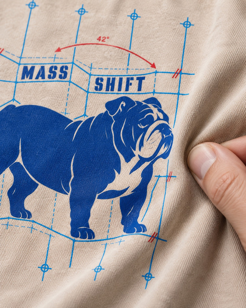 Mass Shift English Bulldog Washed Tee in Apricot, close-up of the graphic