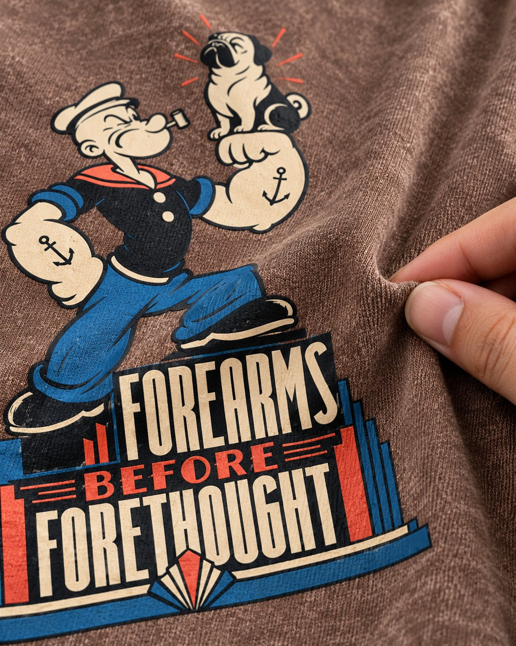 Pug Forearms Before Forethought Washed Tee in Coffee, close-up of the graphic