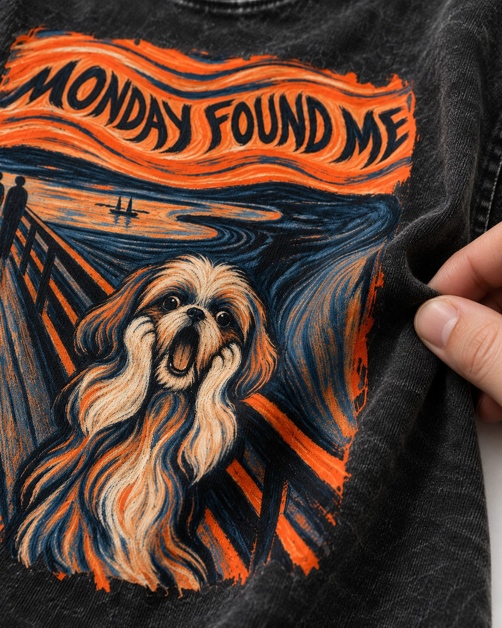 Shih Tzu Monday Found Me Scream Parody Graphic Washed Tee in Black, close-up of the graphic