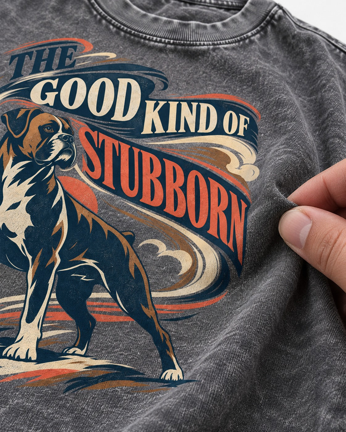 Boxer The Good Kind of Stubborn Washed Tee in Gray, close-up of the graphic