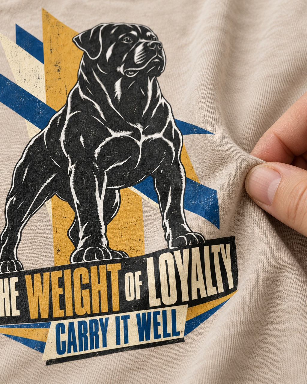 Rottweiler Weight of Loyalty Washed Tee in Apricot, close-up of the graphic