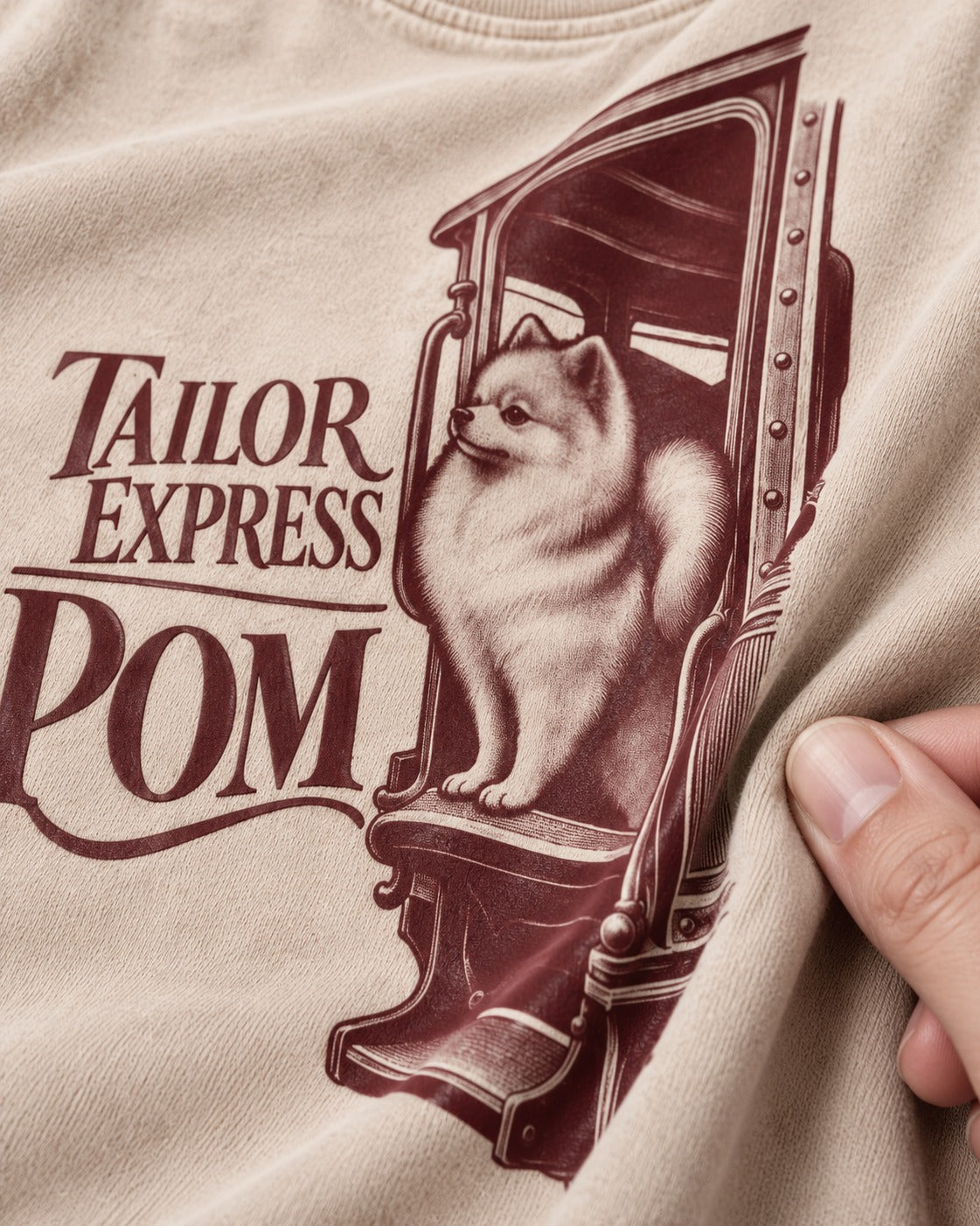 Pomeranian Express Washed Tee in Apricot, close-up of the graphic