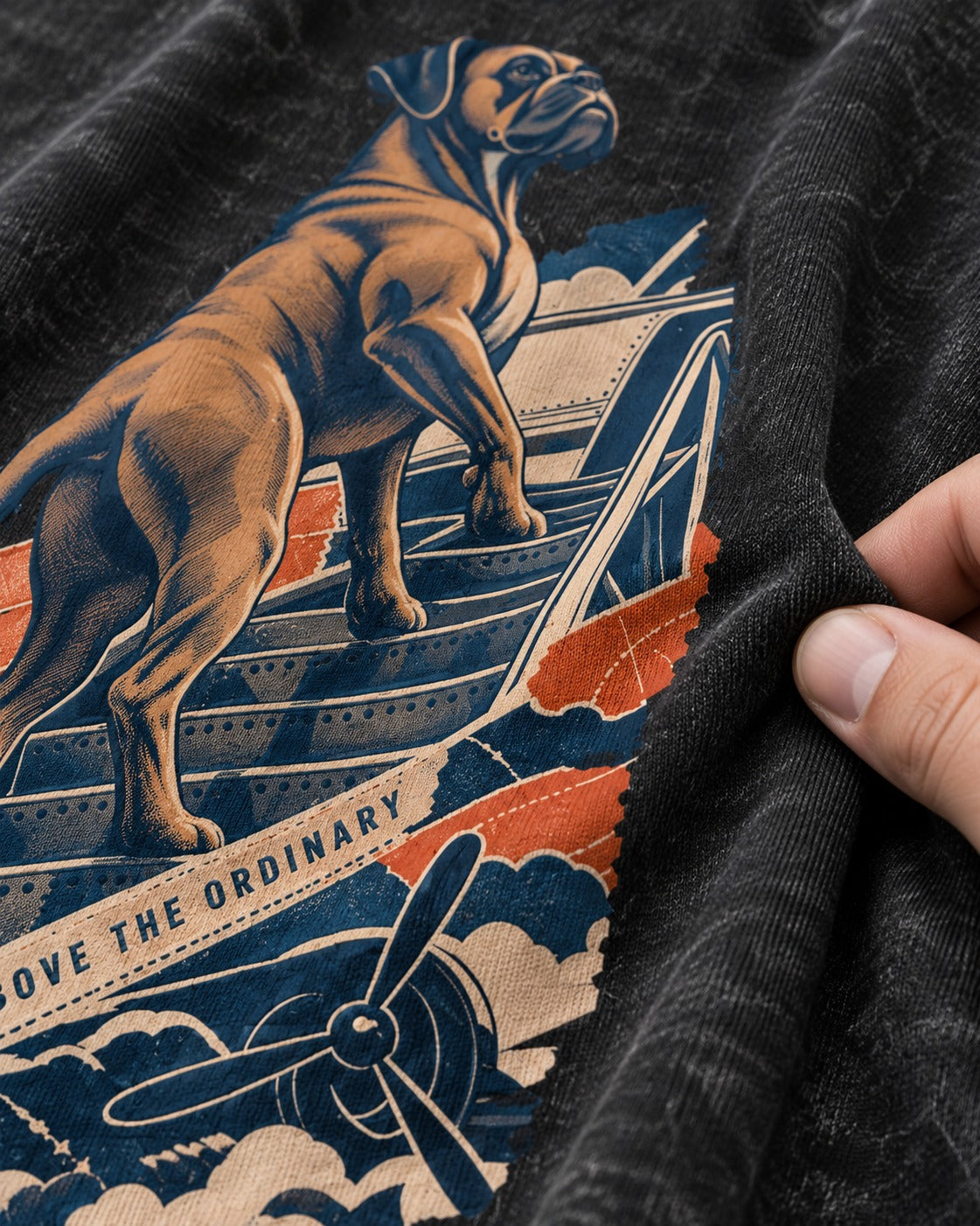 Above the Ordinary Boxer Aviation Graphic Washed Tee in Black, close-up of the graphic