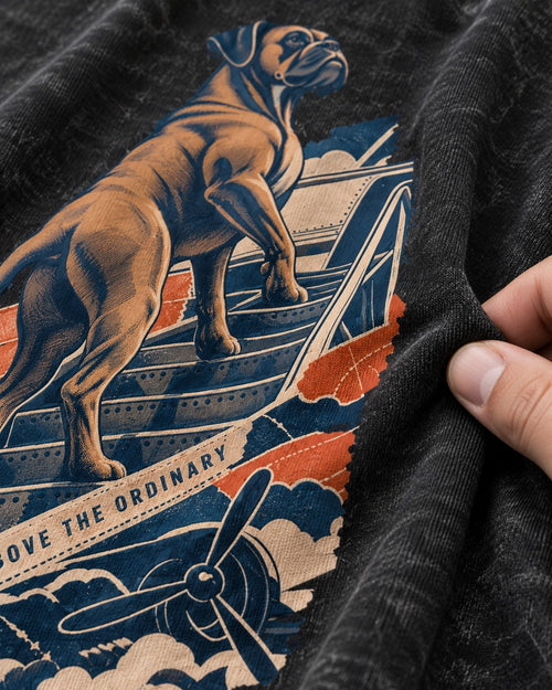 Above the Ordinary Boxer Aviation Graphic Washed Tee in Black, close-up of the graphic