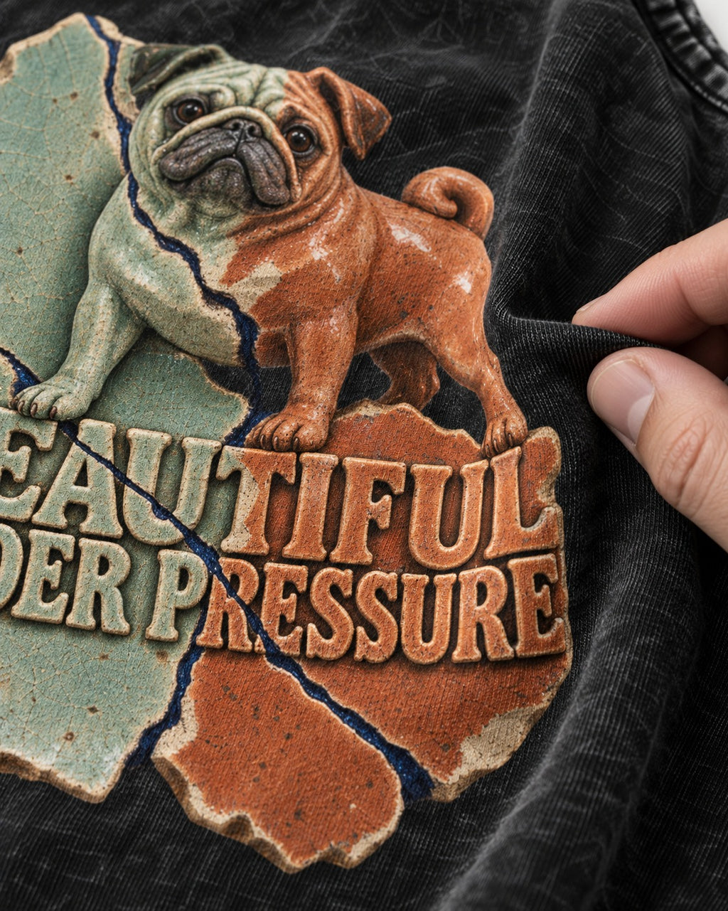 Pug Beautiful Under Pressure Cracked Ceramic Graphic Washed Tee in Black, close-up of the graphic