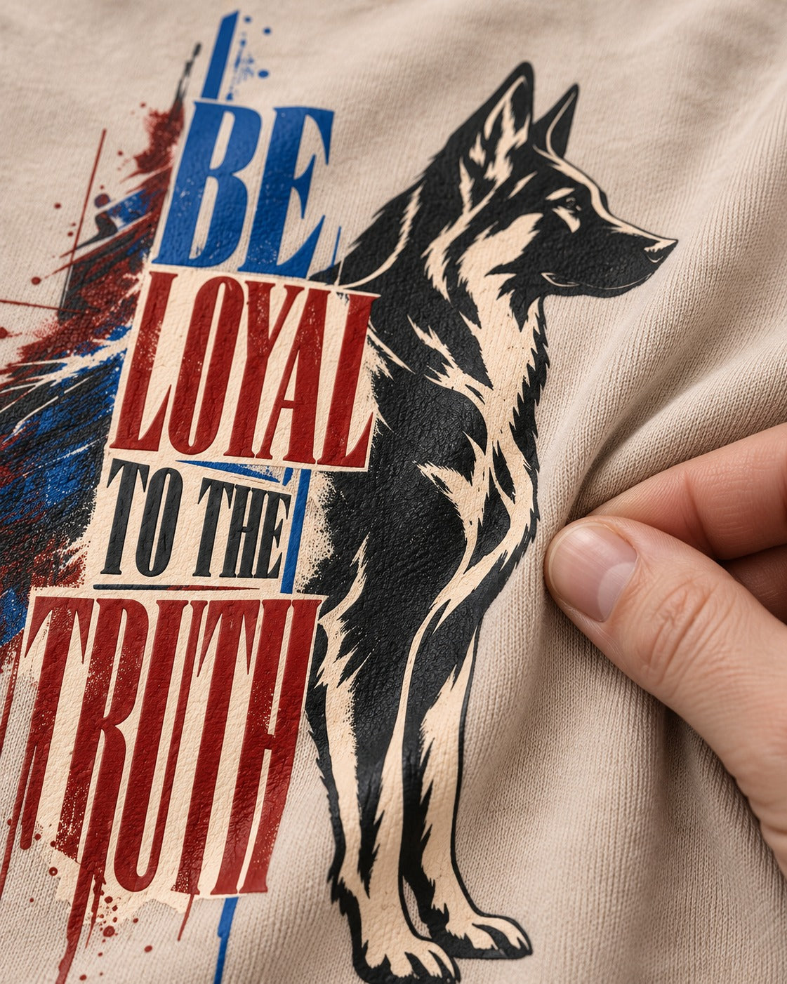 Loyal to the Truth German Shepherd Dog Washed Tee in Apricot, close-up of the graphic