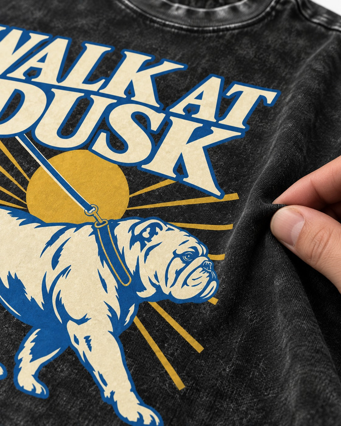 English Bulldog Walk at Dusk Sunset Graphic Washed Tee in Black, close-up of the graphic
