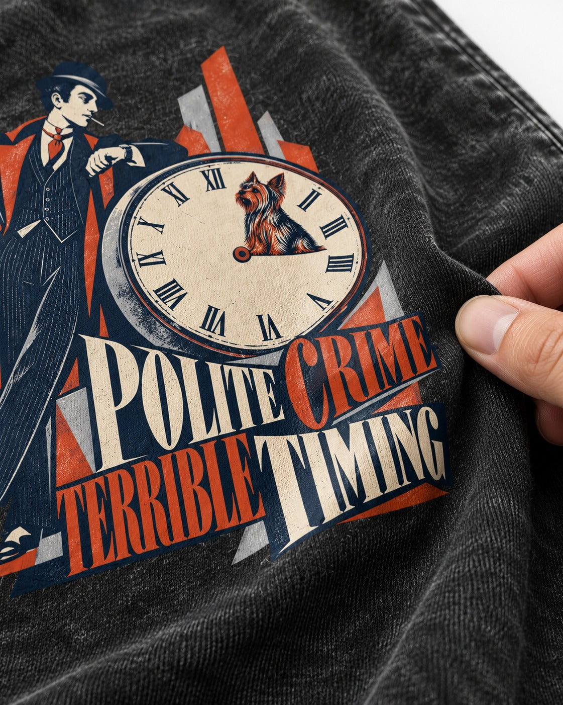 Yorkshire Terrier Polite Crime Terrible Timing Art Deco Clock Graphic Washed Tee in Black, close-up of the graphic