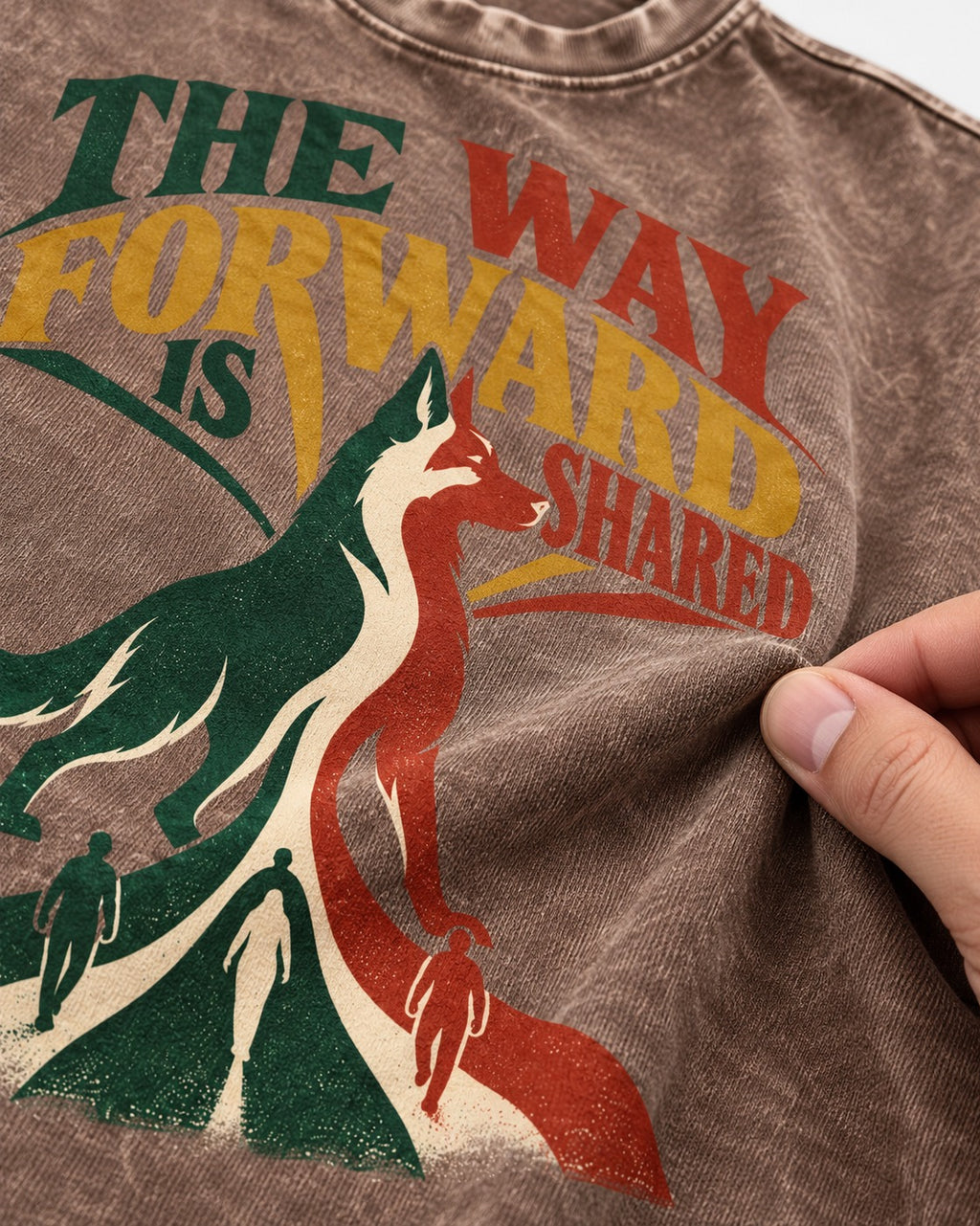 Shared Way Forward German Shepherd Dog Washed Tee in Coffee, close-up of the graphic