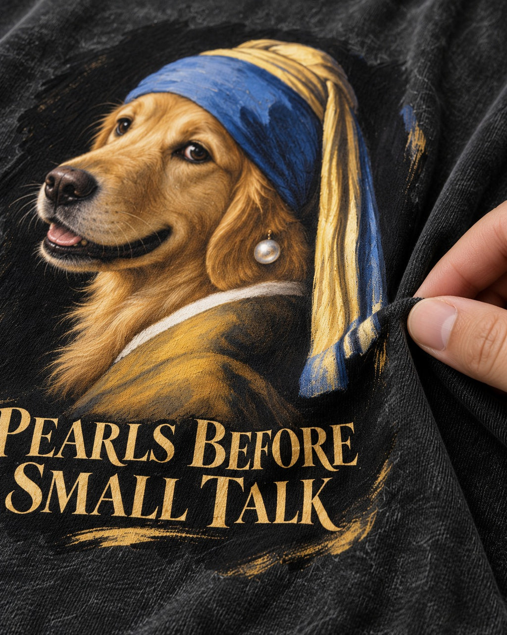 Pearls Before Small Talk Pearl Portrait Golden Retriever Graphic Washed Tee in Black, close-up of the graphic
