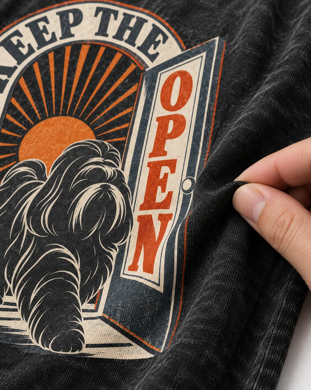 Shih Tzu Keep the Door Open Retro Doorway Graphic Washed Tee in Black, close-up of the graphic