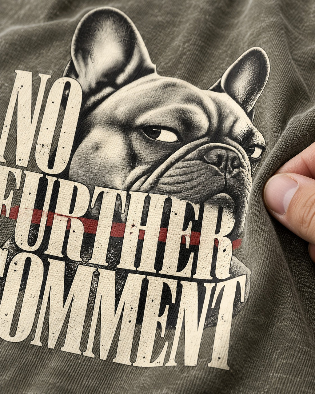 Frenchie No Further Comment Side Eye Graphic Washed Tee in Army Green, close-up of the graphic