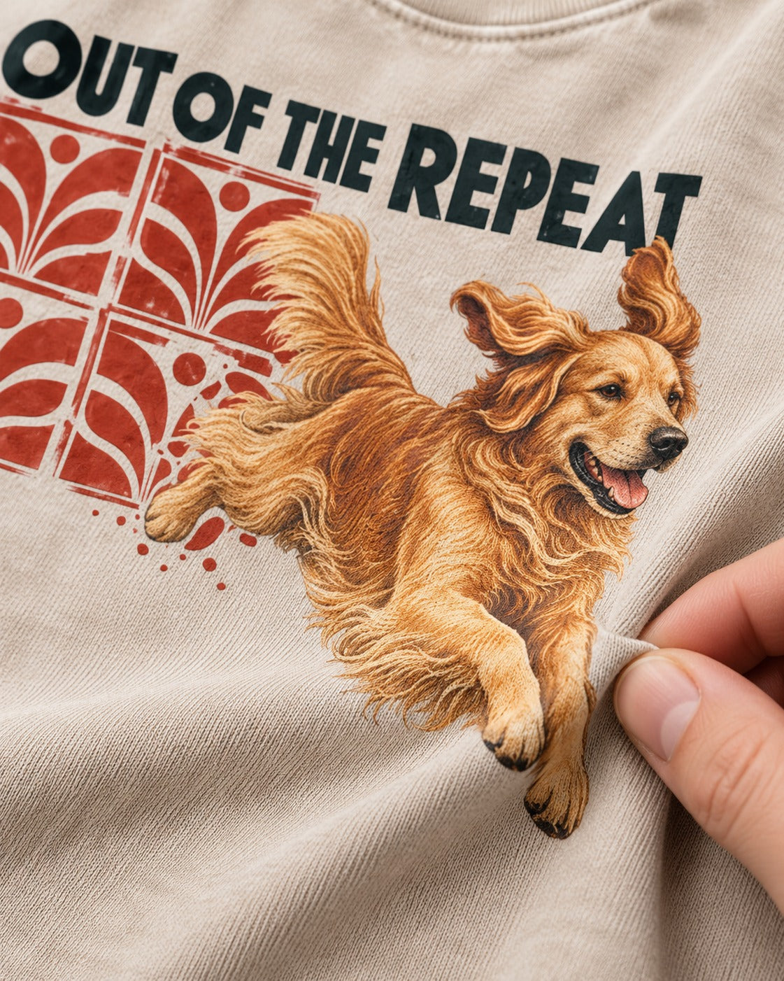 Golden Retriever Out of the Repeat Washed Tee in Apricot, close-up of the graphic