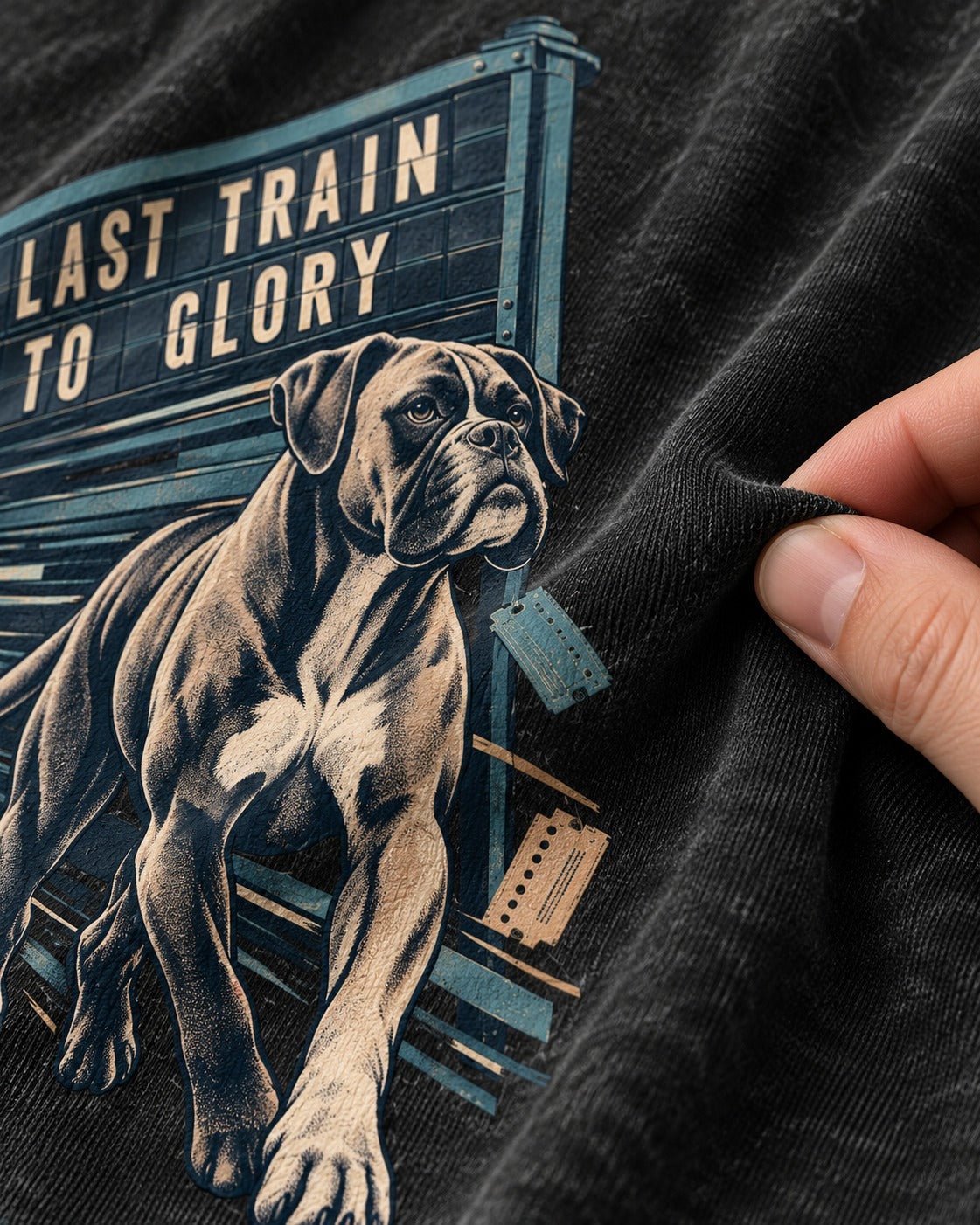 Last Train to Glory Boxer Washed Tee in Black, close-up of the graphic